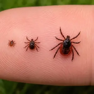 larva, nymph, and adult ticks on a finger