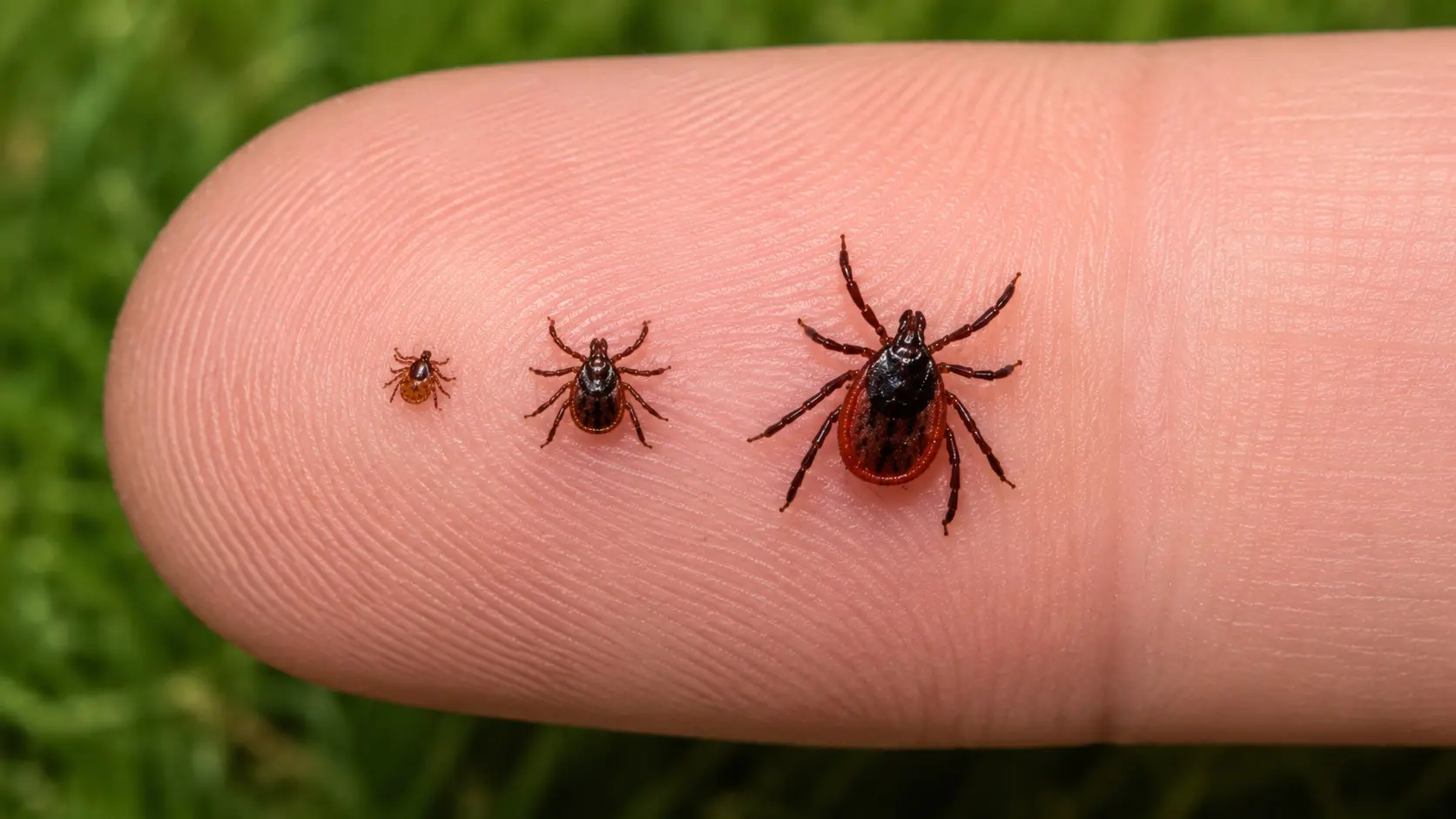larva, nymph, and adult ticks on a finger